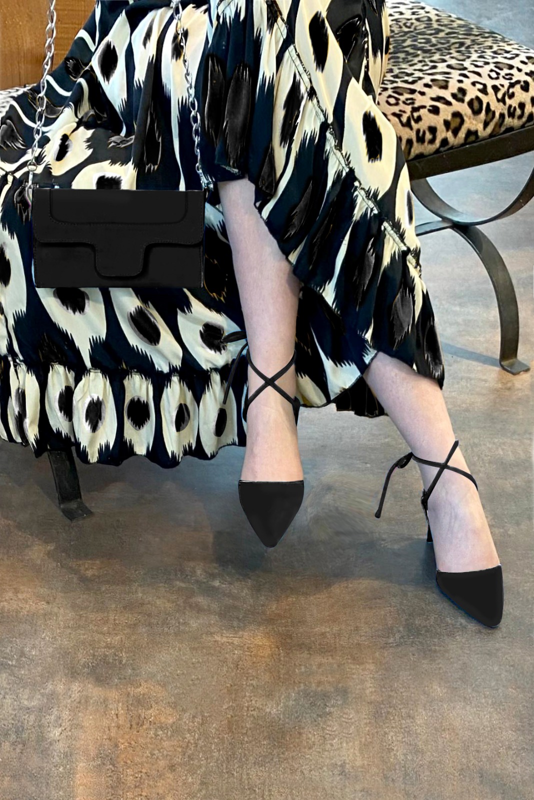 Matt black women's open back shoes, with crossed straps. Tapered toe. High comma heels. Worn view - Florence KOOIJMAN